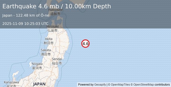 Earthquake 134 km E of Yamada, Japan (4.6 mb) (2025-11-09 10:25:03 UTC)