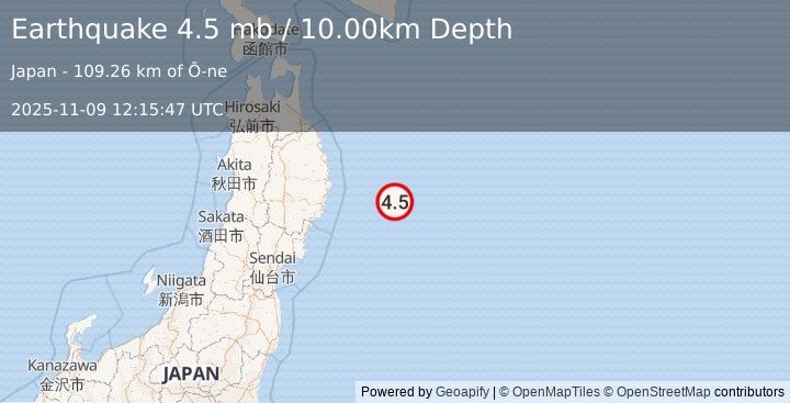Earthquake 119 km E of Yamada, Japan (4.5 mb) (2025-11-09 12:15:47 UTC)