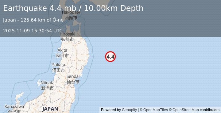 Earthquake 137 km E of Yamada, Japan (4.4 mb) (2025-11-09 15:30:54 UTC)