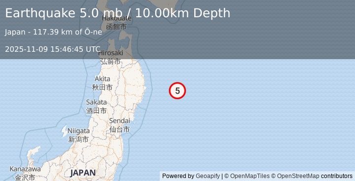 Earthquake 128 km E of Yamada, Japan (5.0 mb) (2025-11-09 15:46:45 UTC)