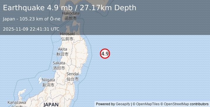 Earthquake 117 km E of Miyako, Japan (4.9 mb) (2025-11-09 22:41:31 UTC)