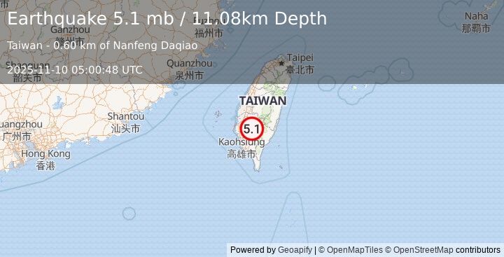 Earthquake 18 km ENE of Yujing, Taiwan (5.1 mb) (2025-11-10 05:00:48 UTC)