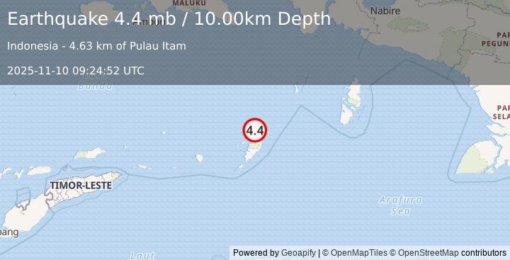 Earthquake 212 km SW of Tual, Indonesia (4.4 mb) (2025-11-10 09:24:52 UTC)