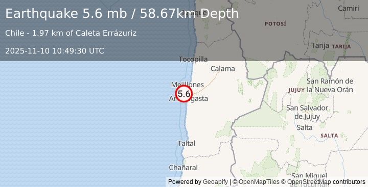 Earthquake 29 km NW of Antofagasta, Chile (5.6 mb) (2025-11-10 10:49:30 UTC)