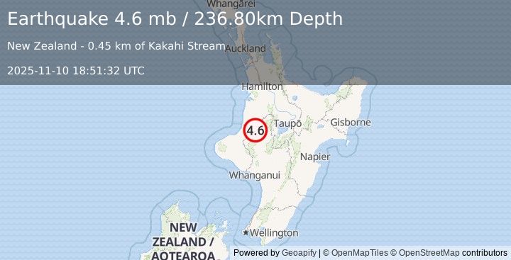 Earthquake 65 km WNW of Turangi, New Zealand (4.6 mb) (2025-11-10 18:51:32 UTC)