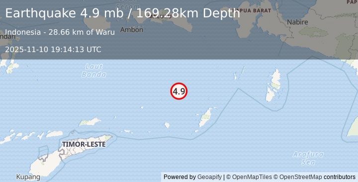Earthquake 288 km WSW of Tual, Indonesia (4.9 mb) (2025-11-10 19:14:13 UTC)