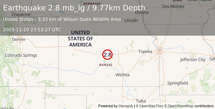 Earthquake 5 km NNE of Wilson, Kansas (2.8 mb_lg) (2025-11-10 23:53:27 UTC)