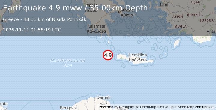 Earthquake 63 km W of Kíssamos, Greece (4.9 mww) (2025-11-11 01:58:19 UTC)