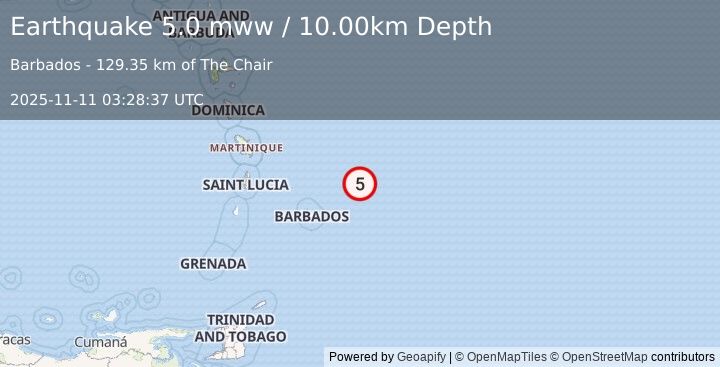 Earthquake 134 km NE of Crane, Barbados (5.0 mww) (2025-11-11 03:28:37 UTC)