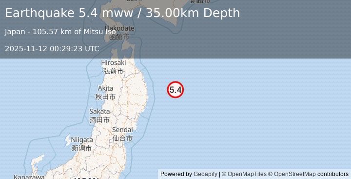 Earthquake 114 km E of Miyako, Japan (5.4 mww) (2025-11-12 00:29:23 UTC)