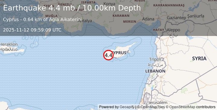 Earthquake 0 km NNW of Tála, Cyprus (4.4 mb) (2025-11-12 09:59:09 UTC)