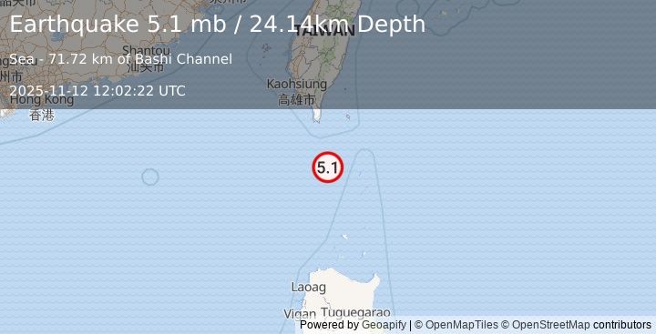Earthquake 107 km WNW of Basco, Philippines (5.1 mb) (2025-11-12 12:02:22 UTC)