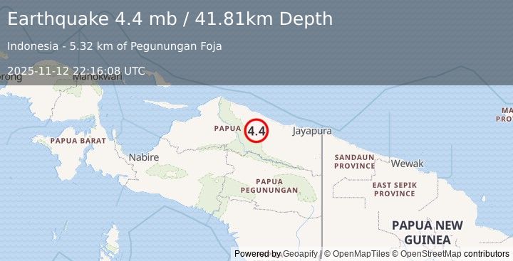 Earthquake 183 km W of Abepura, Indonesia (4.4 mb) (2025-11-12 22:16:08 UTC)