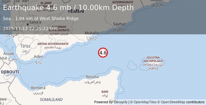 Earthquake 166 km NNW of Caluula, Somalia (4.6 mb) (2025-11-12 22:25:22 UTC)
