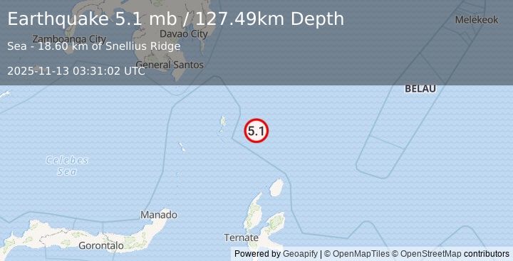 Earthquake 260 km N of Tobelo, Indonesia (5.1 mb) (2025-11-13 03:31:02 UTC)