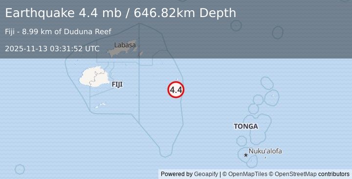 Earthquake 249 km E of Levuka, Fiji (4.4 mb) (2025-11-13 03:31:52 UTC)