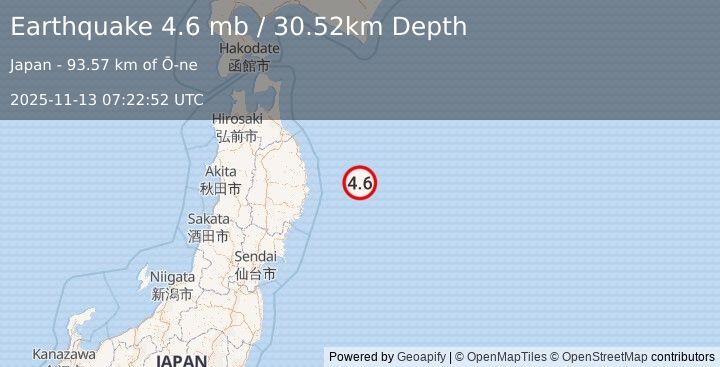 Earthquake 104 km E of Miyako, Japan (4.6 mb) (2025-11-13 07:22:52 UTC)