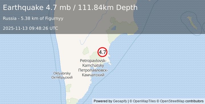 Earthquake 90 km NE of Yelizovo, Russia (4.7 mb) (2025-11-13 09:48:26 UTC)