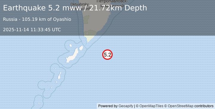 Earthquake 156 km E of Severo-Kuril’sk, Russia (5.2 mww) (2025-11-14 11:33:45 UTC)