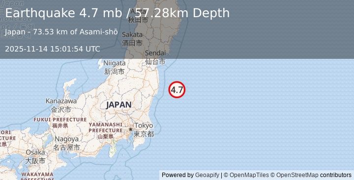 Earthquake 77 km ESE of Tomioka, Japan (4.7 mb) (2025-11-14 15:01:54 UTC)