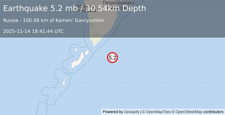 Earthquake 146 km E of Severo-Kuril’sk, Russia (5.2 mb) (2025-11-14 18:41:44 UTC)