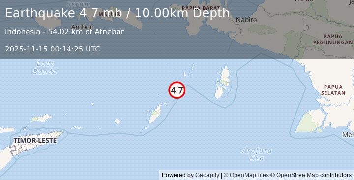 Earthquake 104 km SSW of Tual, Indonesia (4.7 mb) (2025-11-15 00:14:25 UTC)