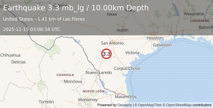 Earthquake 23 km E of Dilley, Texas (3.3 mb_lg) (2025-11-15 03:08:34 UTC)