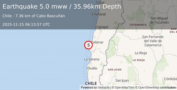 Earthquake 79 km WSW of Vallenar, Chile (5.0 mww) (2025-11-15 06:13:57 UTC)