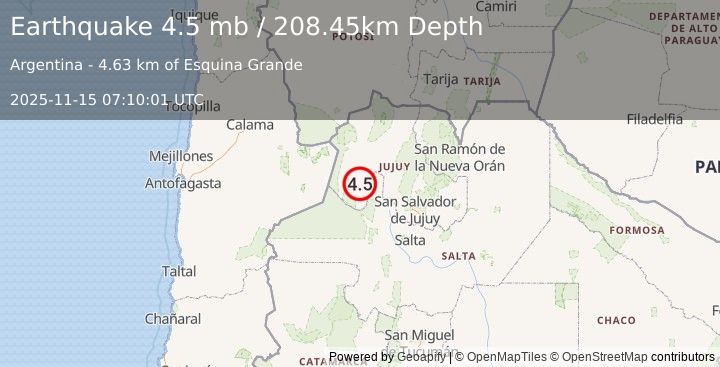 Earthquake 64 km NNW of San Antonio de los Cobres, Argentina (4.5 mb) (2025-11-15 07:10:01 UTC)