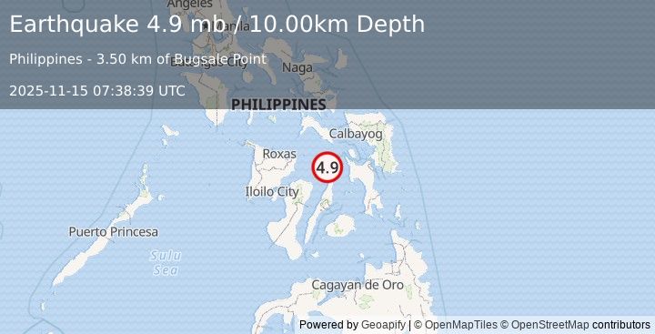 Earthquake 7 km SSE of Hagdan, Philippines (4.9 mb) (2025-11-15 07:38:39 UTC)
