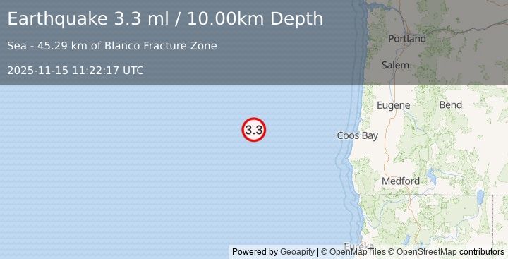 Earthquake 249 km W of Bandon, Oregon (3.3 ml) (2025-11-15 11:22:17 UTC)
