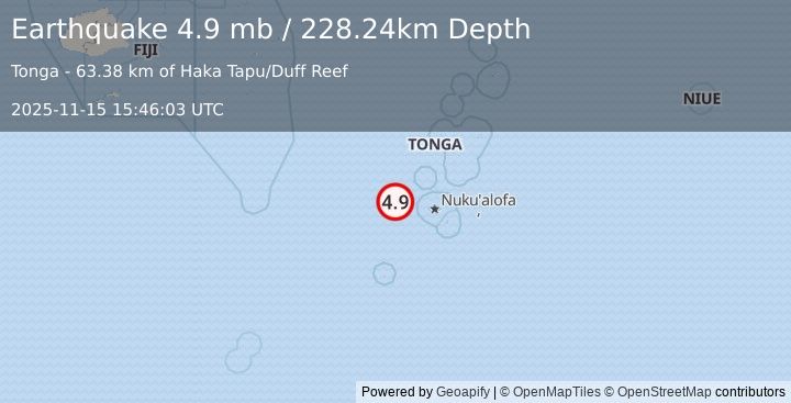 Earthquake 73 km WNW of Houma, Tonga (4.9 mb) (2025-11-15 15:46:03 UTC)