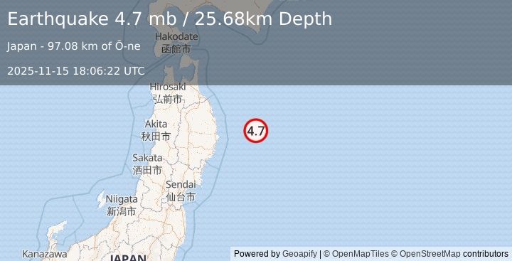 Earthquake 107 km E of Miyako, Japan (4.7 mb) (2025-11-15 18:06:22 UTC)