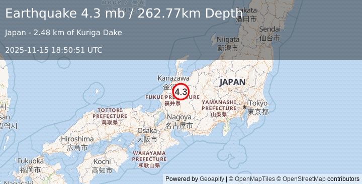 Earthquake 25 km WNW of Takayama, Japan (4.3 mb) (2025-11-15 18:50:51 UTC)