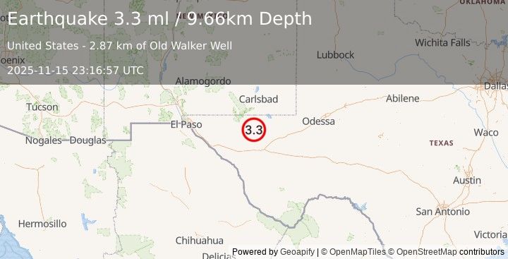 Earthquake 61 km S of Whites City, New Mexico (3.3 ml) (2025-11-15 23:16:57 UTC)