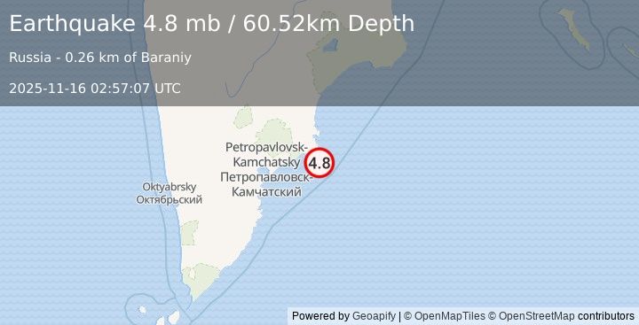 Earthquake 89 km E of Petropavlovsk-Kamchatsky, Russia (4.8 mb) (2025-11-16 02:57:07 UTC)