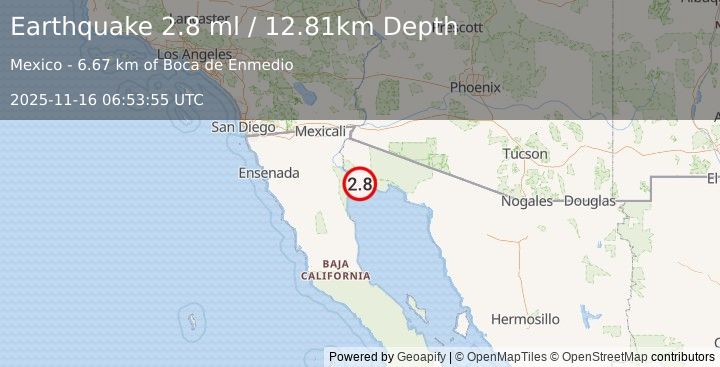 Earthquake 10 km WSW of Golfo de Santa Clara, Mexico (2.8 ml) (2025-11-16 06:53:55 UTC)