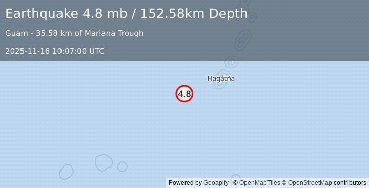 Earthquake 168 km WSW of Merizo Village, Guam (4.8 mb) (2025-11-16 10:07:00 UTC)