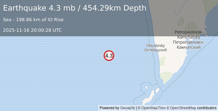 Earthquake 266 km WNW of Ozernovskiy, Russia (4.3 mb) (2025-11-16 20:00:28 UTC)