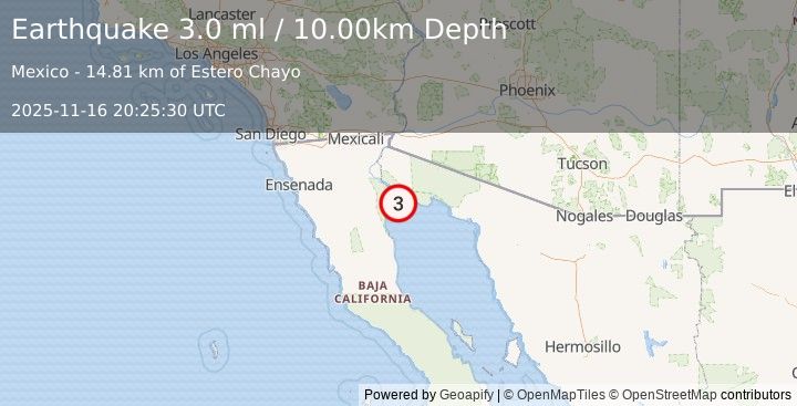 Earthquake 19 km SW of Golfo de Santa Clara, Mexico (3.0 ml) (2025-11-16 20:25:30 UTC)