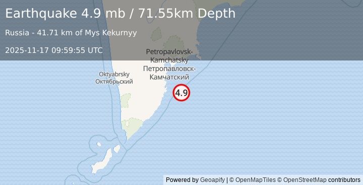 Earthquake 90 km SE of Vilyuchinsk, Russia (4.9 mb) (2025-11-17 09:59:55 UTC)