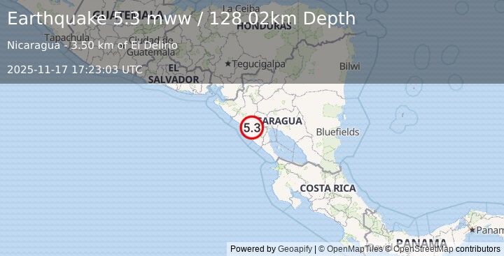 Earthquake 12 km WSW of Ciudad Sandino, Nicaragua (5.3 mww) (2025-11-17 17:23:03 UTC)