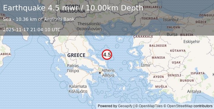 Earthquake 29 km WNW of Skýros, Greece (4.5 mwr) (2025-11-17 21:04:10 UTC)