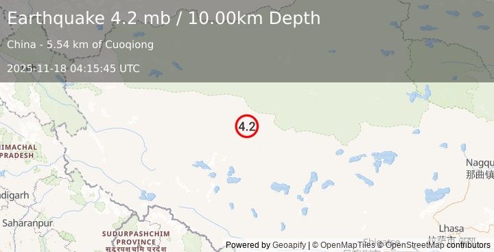 Earthquake western Xizang (4.2 mb) (2025-11-18 04:15:45 UTC)