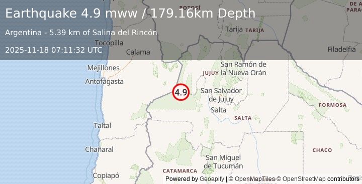 Earthquake 76 km WNW of San Antonio de los Cobres, Argentina (4.9 mww) (2025-11-18 07:11:32 UTC)