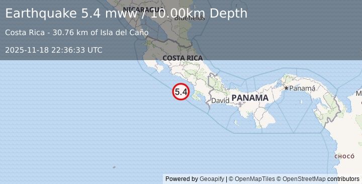 Earthquake 69 km S of Quepos, Costa Rica (5.4 mww) (2025-11-18 22:36:33 UTC)