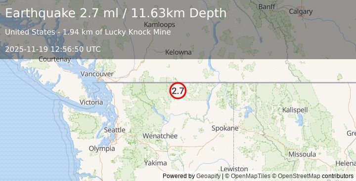 Earthquake 9 km NW of Tonasket, Washington (2.7 ml) (2025-11-19 12:56:50 UTC)