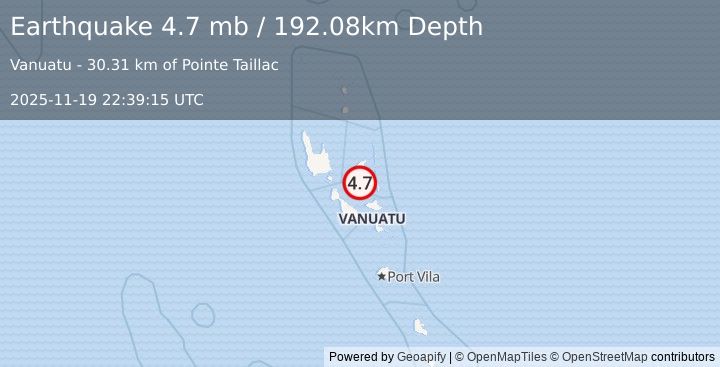 Earthquake 56 km ENE of Norsup, Vanuatu (4.7 mb) (2025-11-19 22:39:15 UTC)