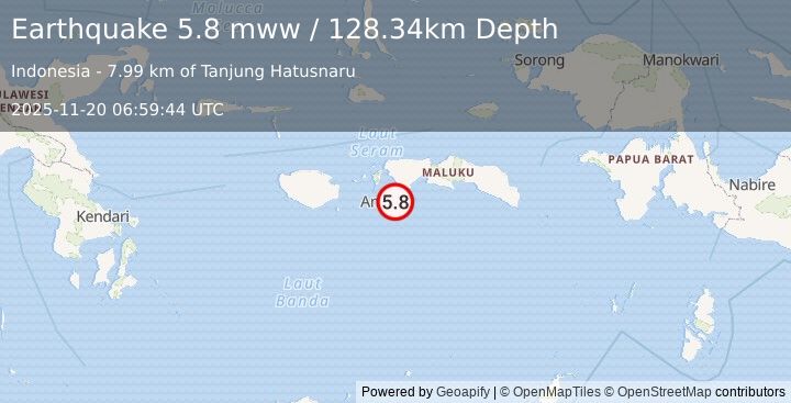 Earthquake 20 km E of Ambon, Indonesia (5.8 mww) (2025-11-20 06:59:44 UTC)