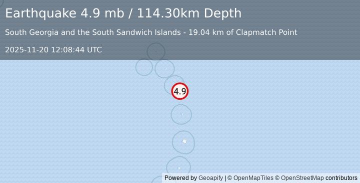 Earthquake South Sandwich Islands region (4.9 mb) (2025-11-20 12:08:44 UTC)
